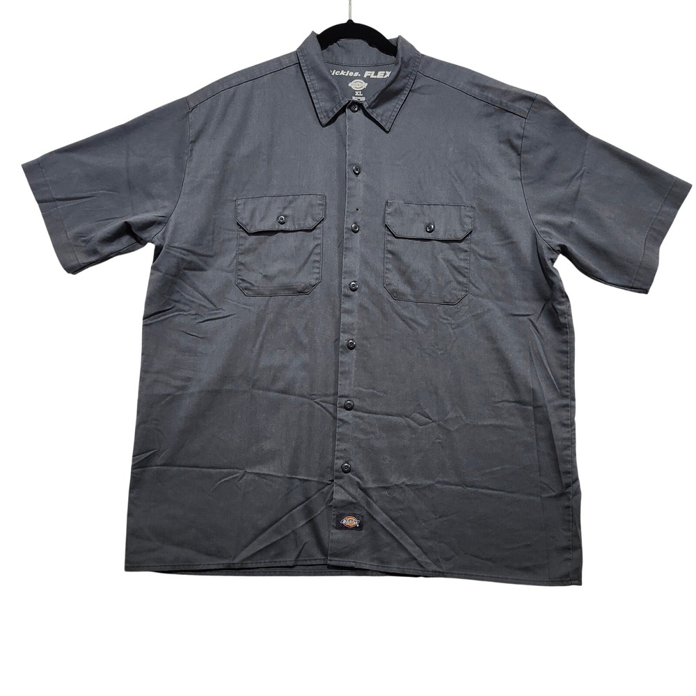 Dickies Flex Short Sleeve Button Up Work Shirt Mens XL Gray Skull Guns Graphic